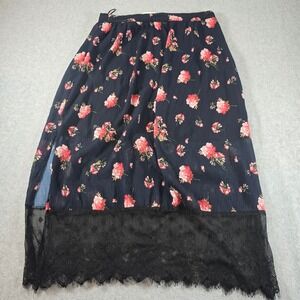 Urban Revivo Floral Plisse Midi Skirt Lace Trim Navy Pink Womens Size 12 XL